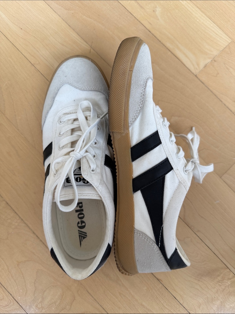 Gola Women’s White Canvas Sneakers with Black Stripes and Gum Sole